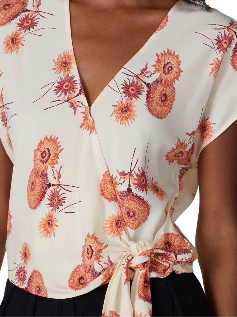 Madewell Cream Wrap Tie-Front Floral Blouse with Orange Print